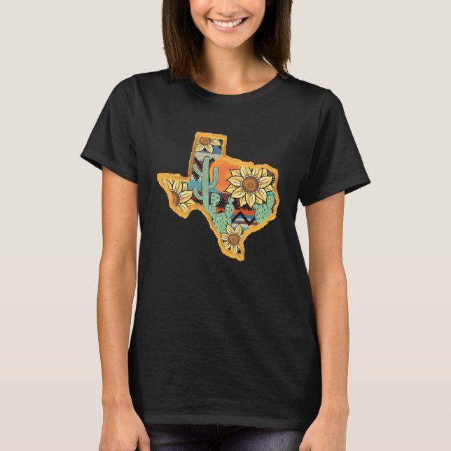 Cactus & Sunflower Texas Map Texas State Texas Hom T-Shirt (Front)