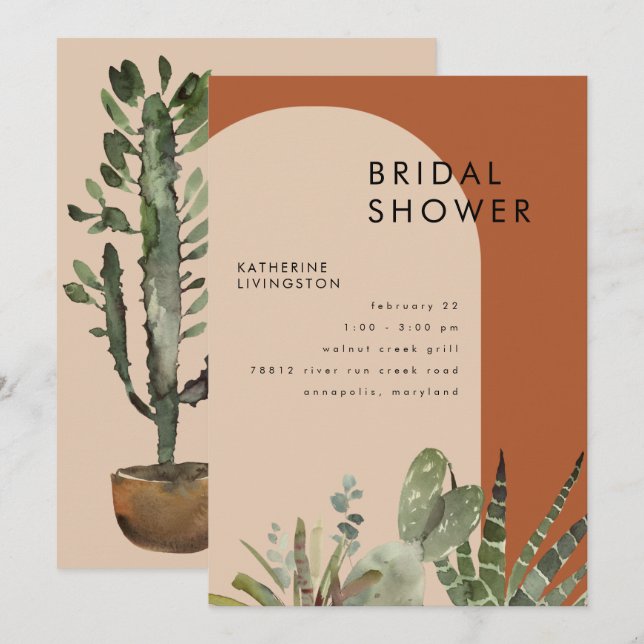 Cactus Terracotta Geometric Bridal Shower  Invitation (Front/Back)