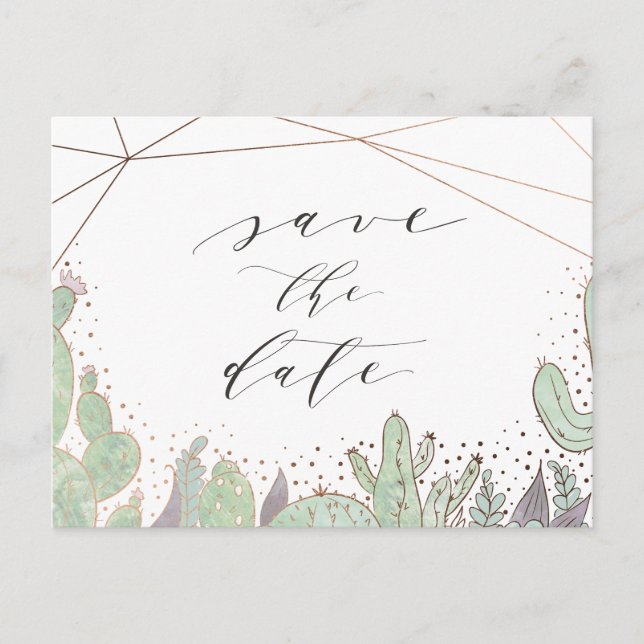 Cactus & Terrarium Geometric Save the Date Announcement Postcard (Front)