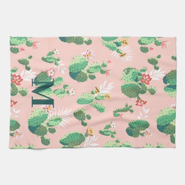 Cactus Themed Kitchen Towel with Initial (Horizontal)