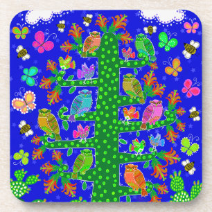 Cactus Tree of Life with Owls and Birds  Coaster