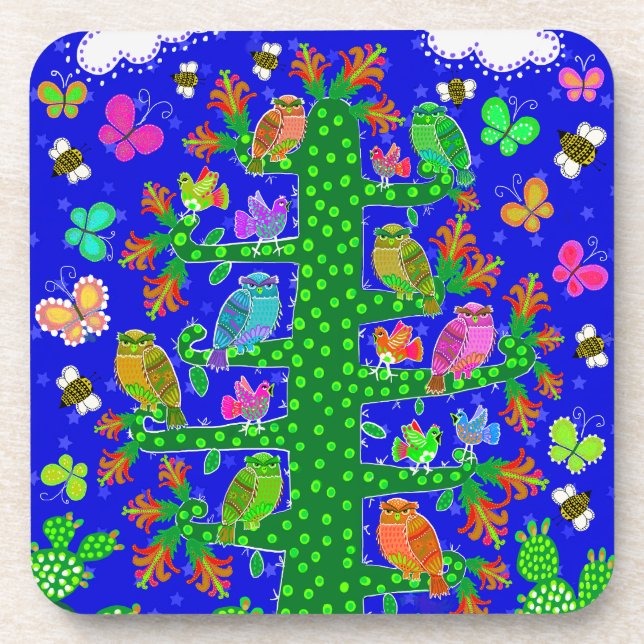 Cactus Tree of Life with Owls and Birds  Coaster (Front)
