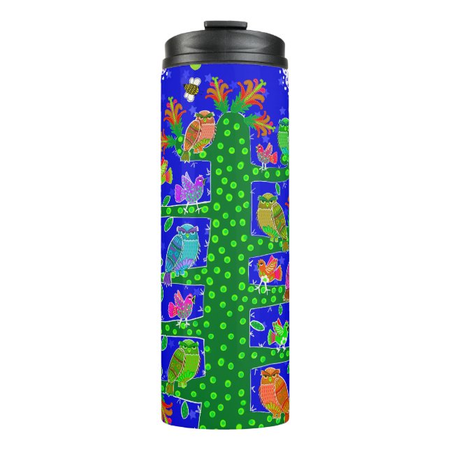 Cactus Tree of Life with Owls and Birds Thermal Tumbler (Front)
