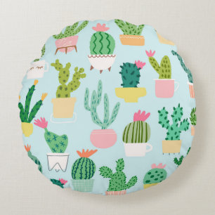 Cactus vintage seamless pattern. Cacti seamless ba Round Cushion