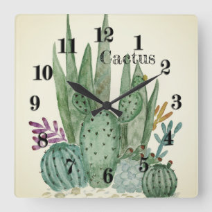 Cactus watercolor cacti flowers floral desert illu square wall clock