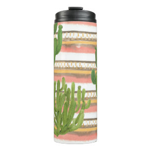 Cactus watercolor, stripe background, seamless pat thermal tumbler