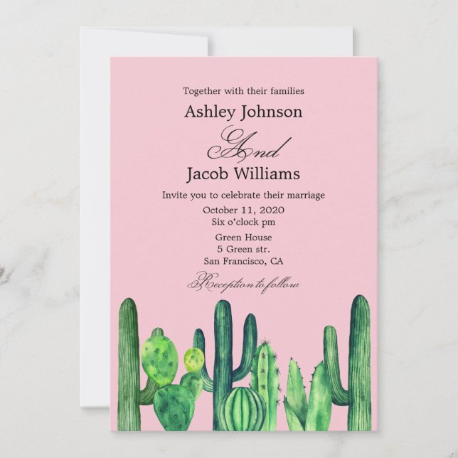 Cactus wedding. Green succulent. Modern pink Invitation (Front)