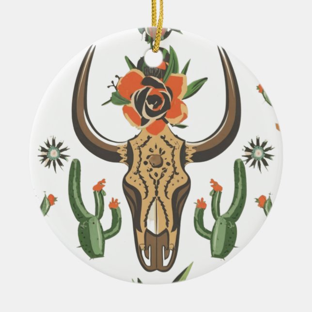 Cactus Western Country Aztec Bull Skull Ceramic Ornament (Front)