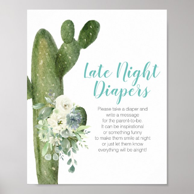 Cactus White Flowers Late Night Diapers Sign (Front)
