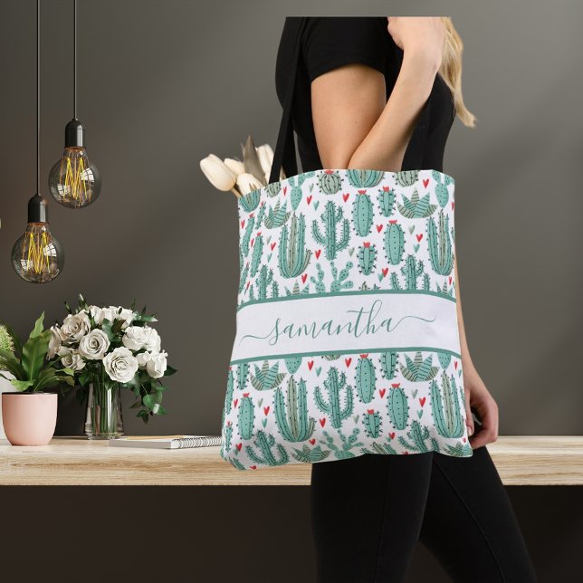 Cactus white green name script tote bag (Creator Uploaded)