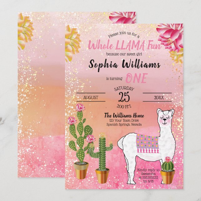 Cactus | Whole Llama Fun Girl 1st Birthday Party Invitation (Front/Back)