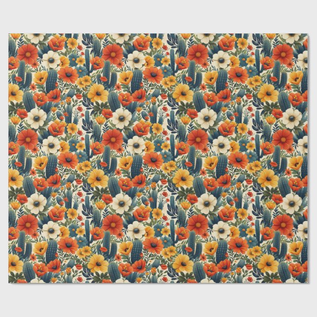 Cactus Wild Flowers Red Cream Florals Decoupage Wrapping Paper (Flat)