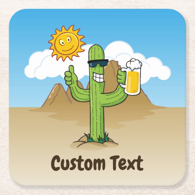 Cactus with Beer Square Paper Coaster (Front)
