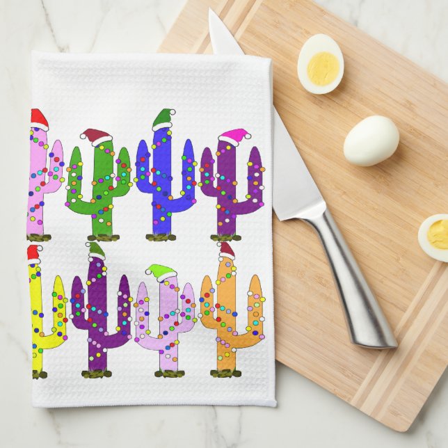 Cactus With Santa Hats Christmas Tea Towel (Quarter Fold)