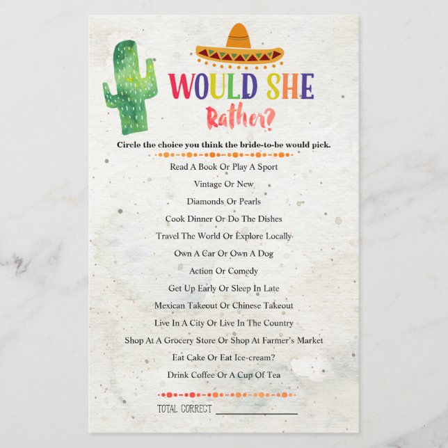CACTUS Would She Rather Bridal Shower Game (Front)