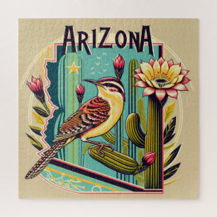 Cactus Wren Bird and Blossom of the Saguaro Cactus Jigsaw Puzzle