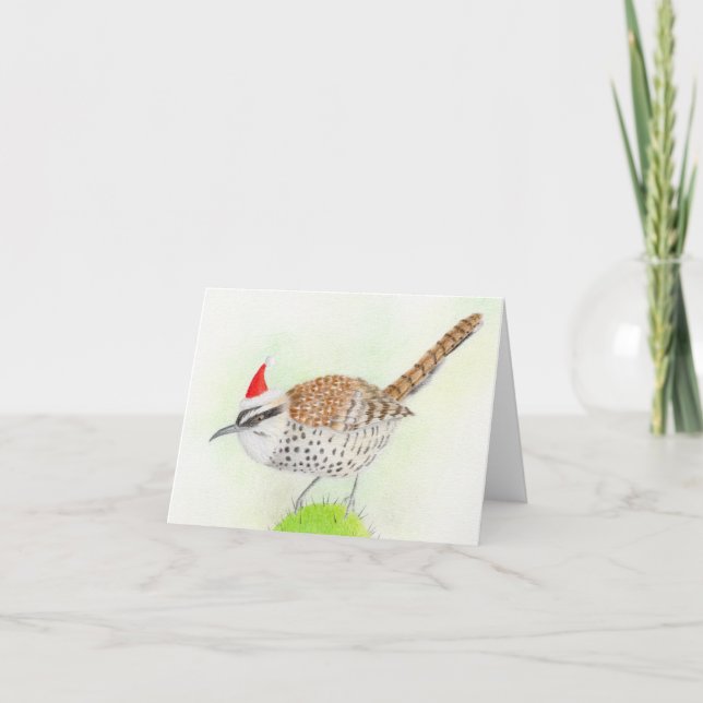 Cactus Wren Bird Drawing Christmas Card (Front)