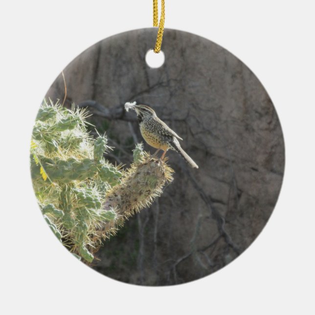 Cactus Wren Ceramic Ornament (Front)