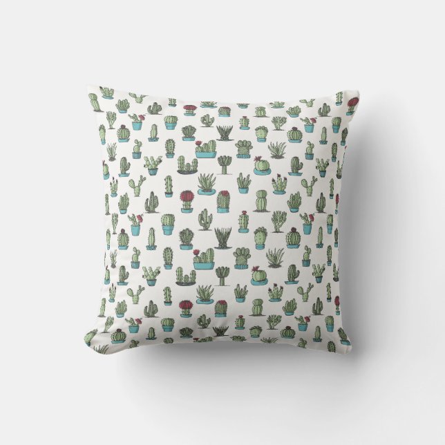 Cactuses and Succulents Plants Hand Drawn Pattern Cushion (Front)