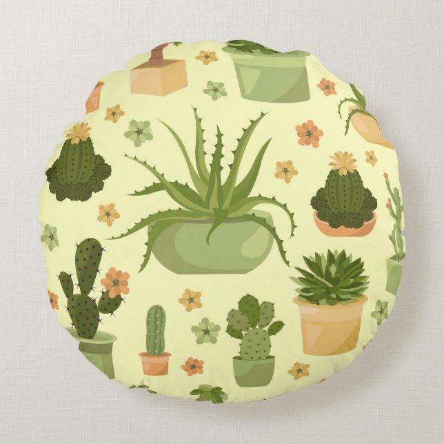 Cactuses and succulents seamless pattern. Housepla Round Cushion (Front)