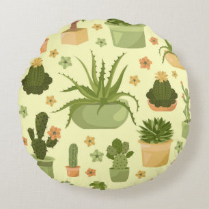 Cactuses, succulents: vintage houseplants pattern. round cushion