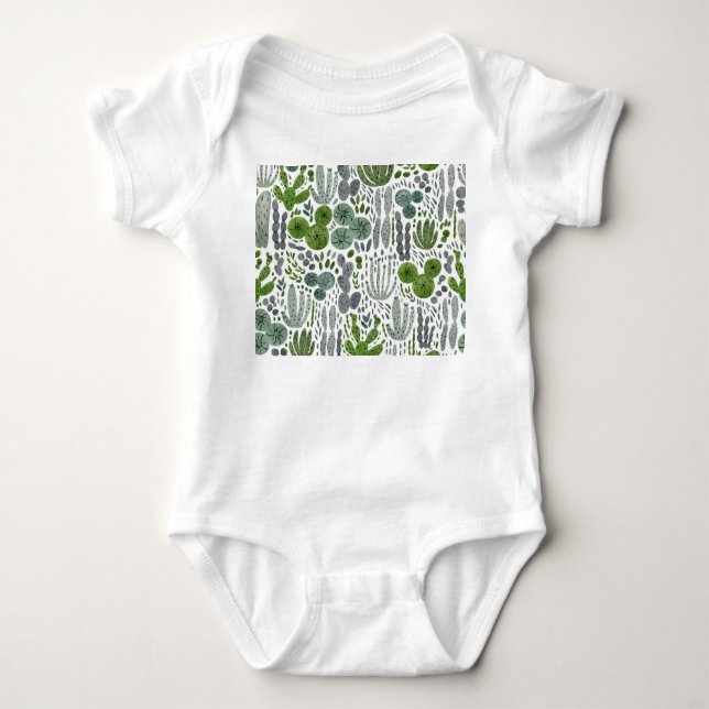 Cactuses Watercolor Hand Painted Pattern Baby Bodysuit (Front)