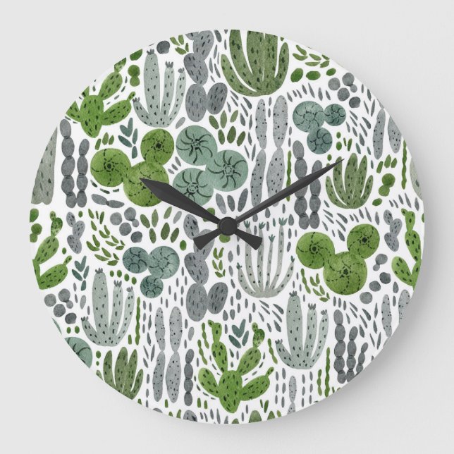 Cactuses Watercolor Hand Painted Pattern Large Clock (Front)
