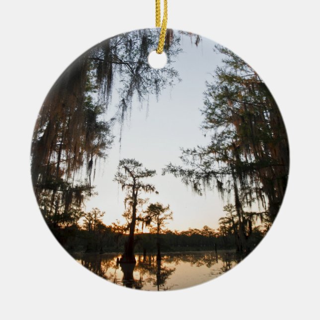 Caddo Lake at sunrise Ceramic Tree Decoration (Front)