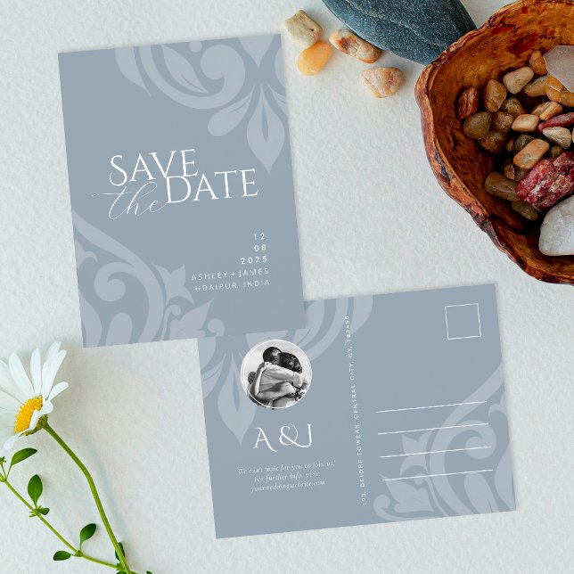 Cadet Grey Classic Script Wedding Save the Date Announcement Postcard (Creator Uploaded)
