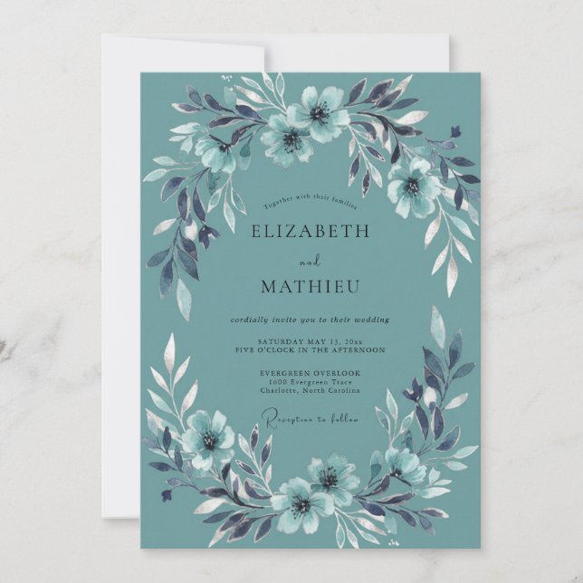Cadet Slate Leafy Wedding Invitation (Front)