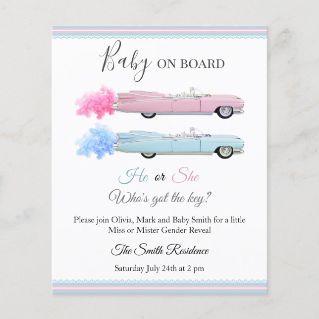 Cadillac Car Baby on Board gender reveal invite (Front)