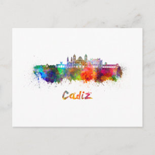 Cadiz skyline in watercolor postcard