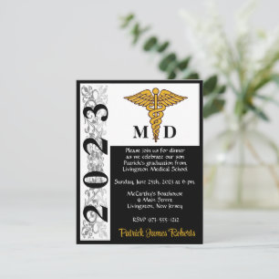 Caduceus Black & Gold Medical School Graduation Invitation