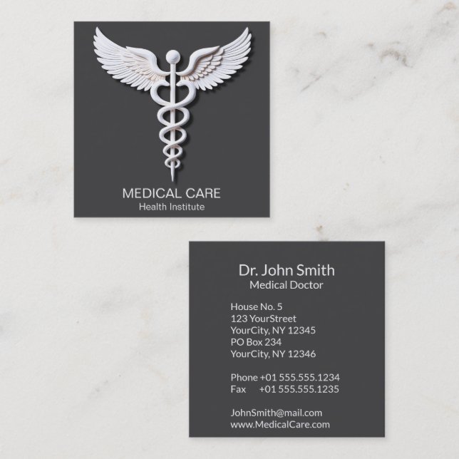 Caduceus Clean White Detailed Warm Grey Medical Square Business Card (Front/Back)