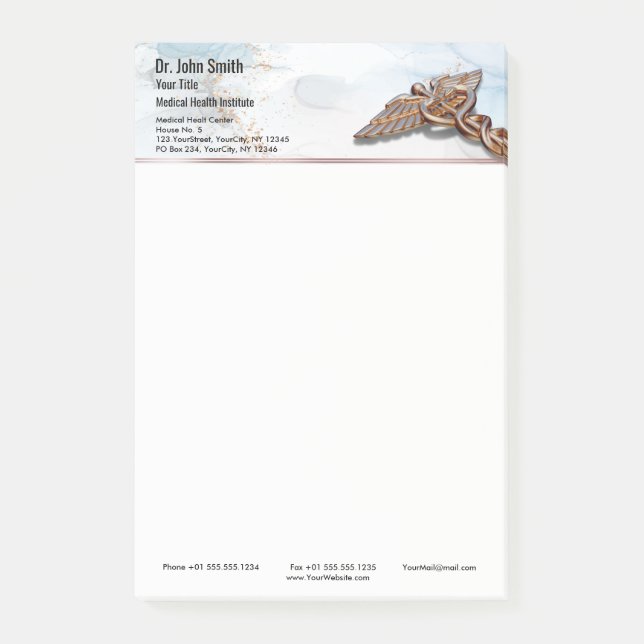 Caduceus Copper Rose Gold Medical Luxury Marble Post-it Notes (Front)