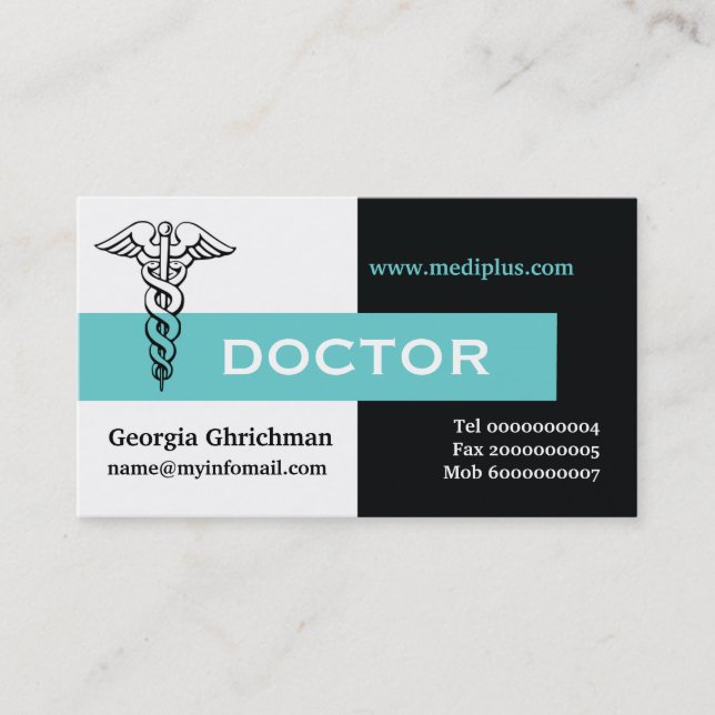 Caduceus doctor minimalist black, white, aqua business card (Front)