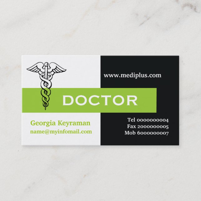 Caduceus doctor minimalist black, white, green business card (Front)