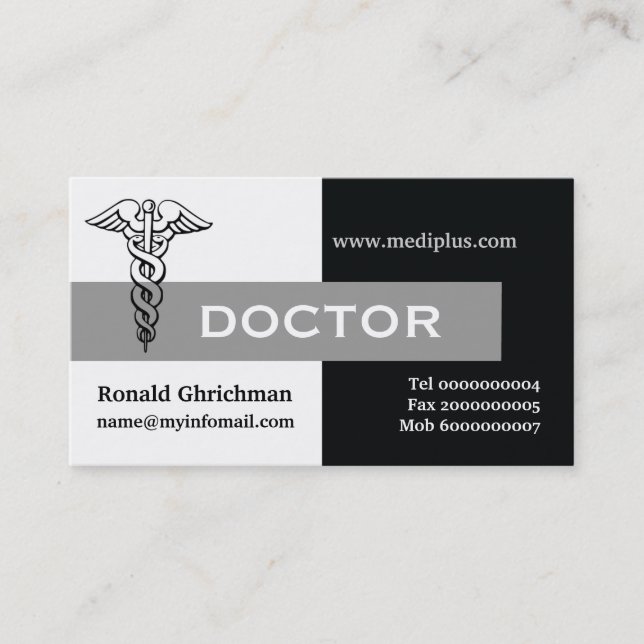 Caduceus doctor minimalist black, white, grey business card (Front)