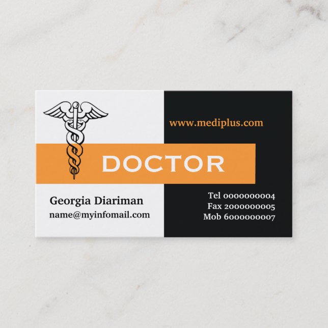 Caduceus doctor minimalist black, white, orange business card (Front)