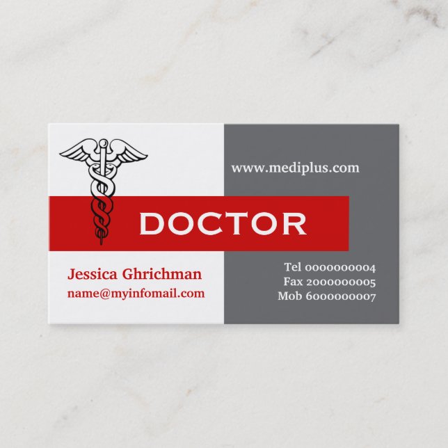 Caduceus doctor minimalist grey, white, red business card (Front)