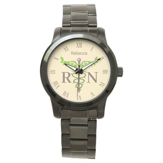 Caduceus Green Leaves Beige Registered Nurse Watch (Front)