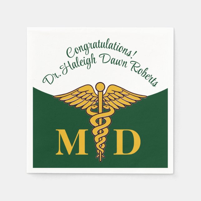 Caduceus Green & White Medical School Graduation Napkin (Front)