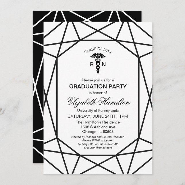 Caduceus Medical Nursing School Chic Black & White Invitation (Front/Back)