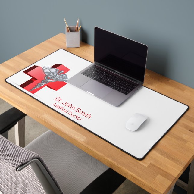 Caduceus Medical Silver 3D Cross Red Desk Mat (Office 2)