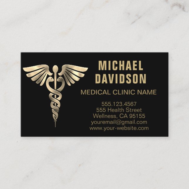 Caduceus Medical Symbol - Gold, Black, White Busin Business Card (Front)