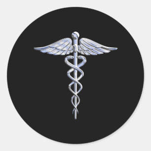 Caduceus Medical Symbol on Black Classic Round Sticker