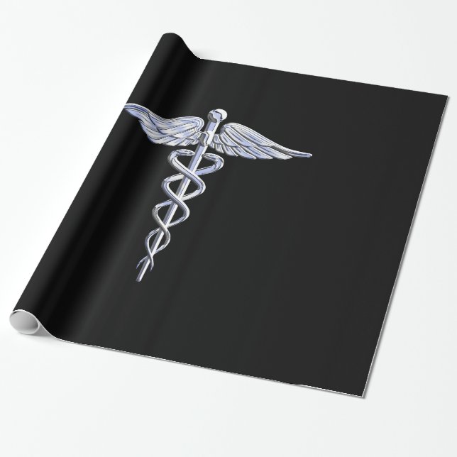 Caduceus Medical Symbol on Black Wrapping Paper (Unrolled)