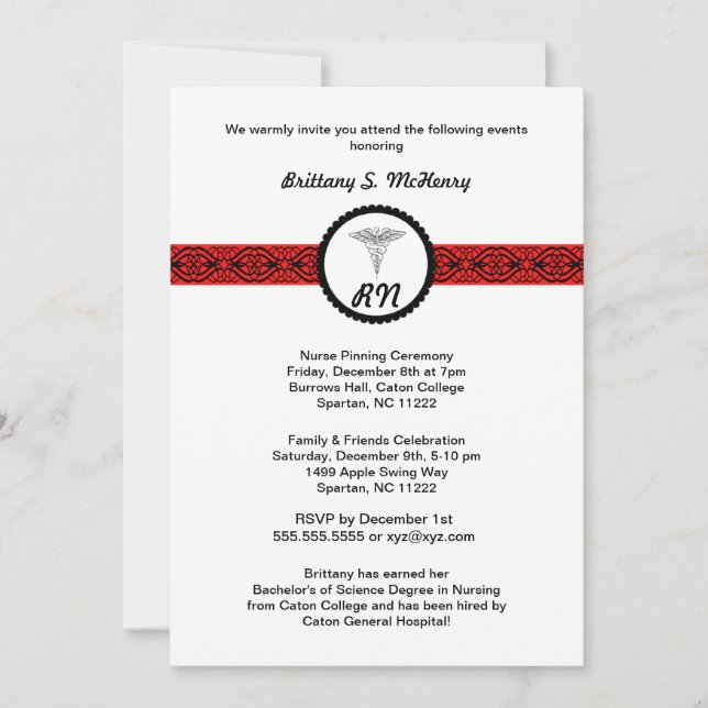 Caduceus Nurse Graduation Invite Black & Red RN (Front)