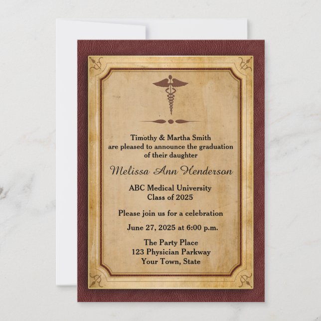 Caduceus, Parchment, Medical Graduate Annoucement Invitation (Front)