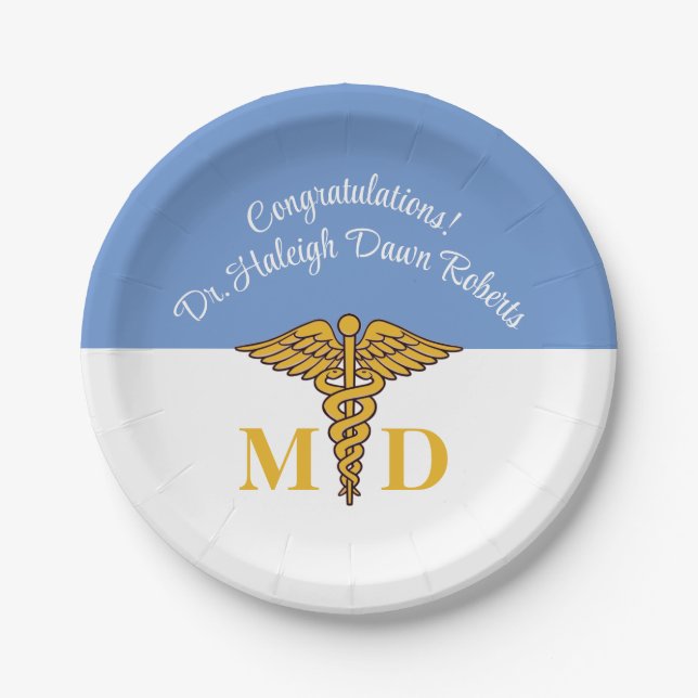 Caduceus Powder Blue Medical School Graduation Paper Plate (Front)